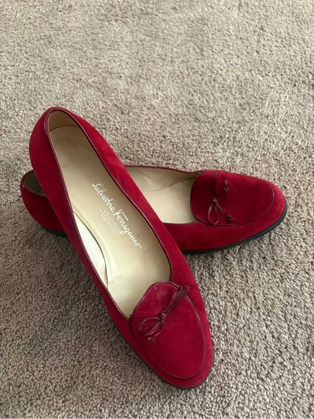 Salvatore Ferragamo Red Suede Bow Loafers for Women
